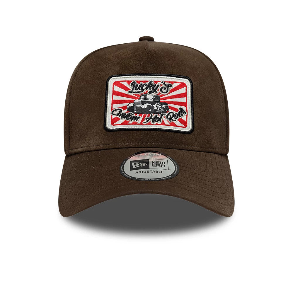 Pictured is this New Era Moto Patch PU 9FORTY E-Frame cap in brown. 2