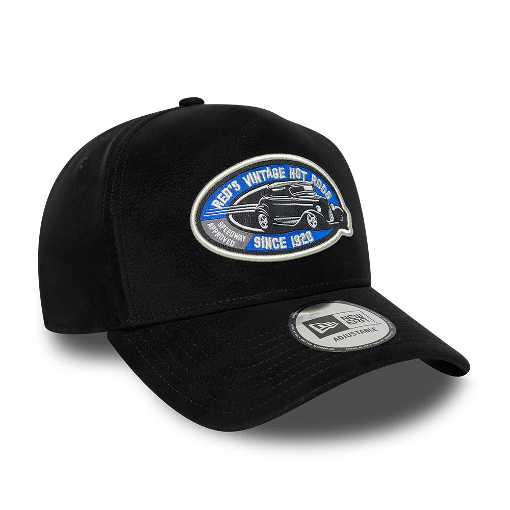 Pictured is this New Era Moto Patch PU 9FORTY E-Frame cap in black. 3