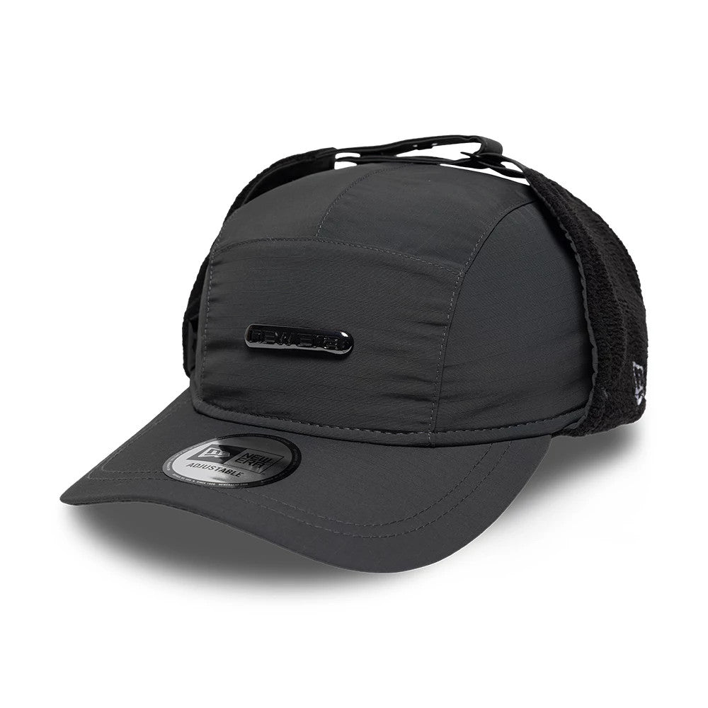 New Era Fleece Charcoal Dogear Camper Adjustable Cap, three-quarter view showing the black New Era logo on the front panel, with fleece-lined dogears and an adjustable strap at the back.
