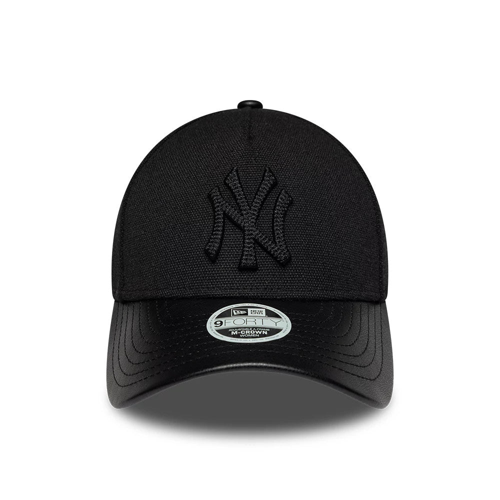 Pictured is this Womens MLB Fabric Mix New York Yankees 9FORTY M-Crown A-Frame cap in black. 2