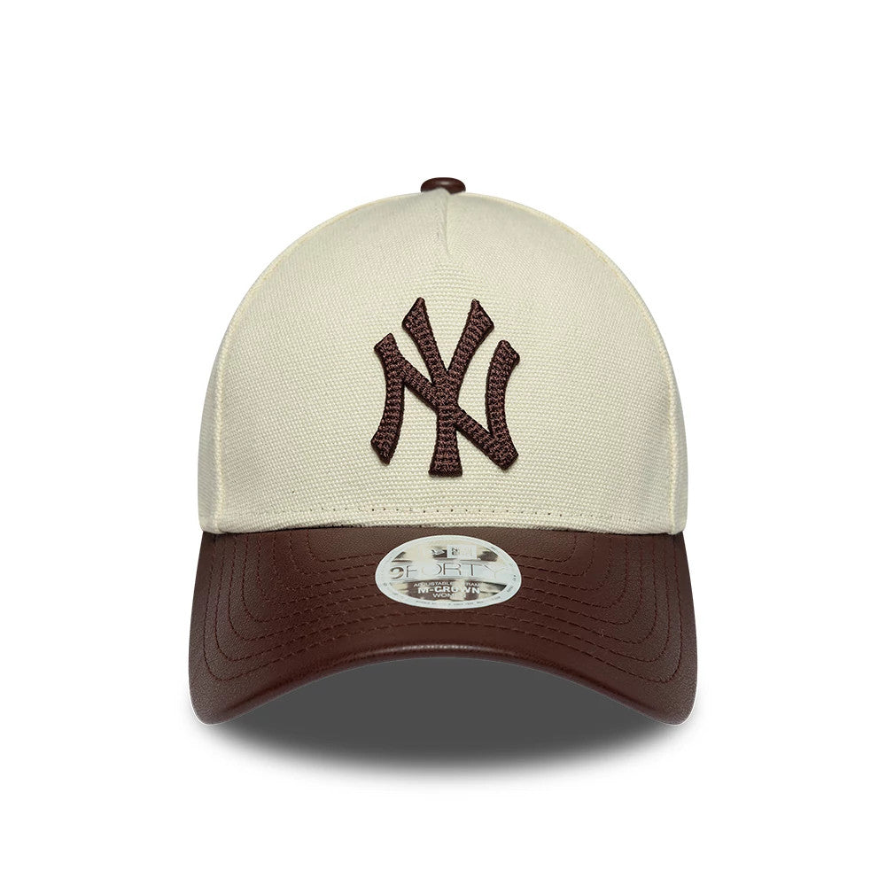 Pictured is this Womens MLB Fabric Mix New York Yankees 9FORTY M-Crown A-Frame cap in light beige & brown. 2