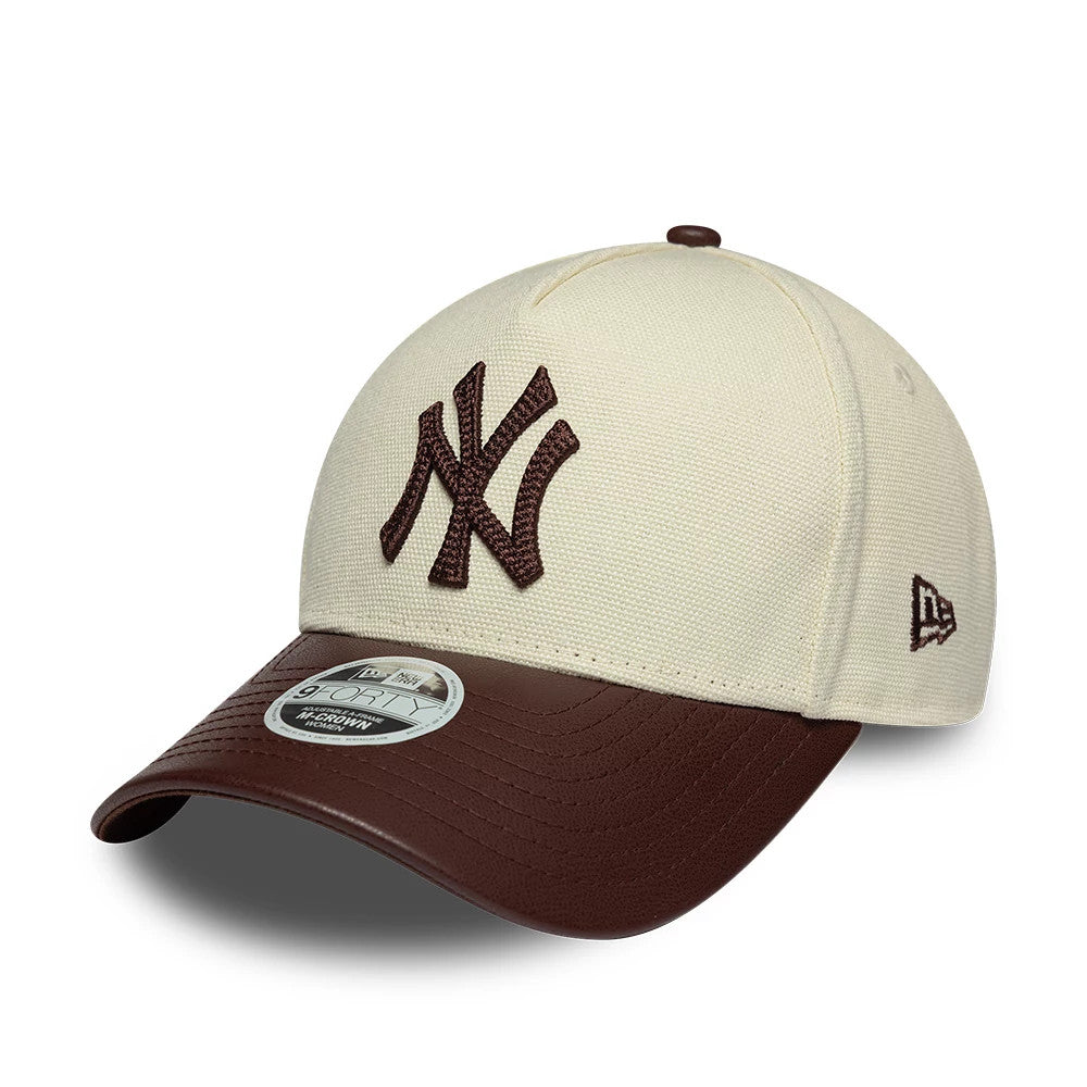 Pictured is this Womens MLB Fabric Mix New York Yankees 9FORTY M-Crown A-Frame cap in light beige & brown. 1