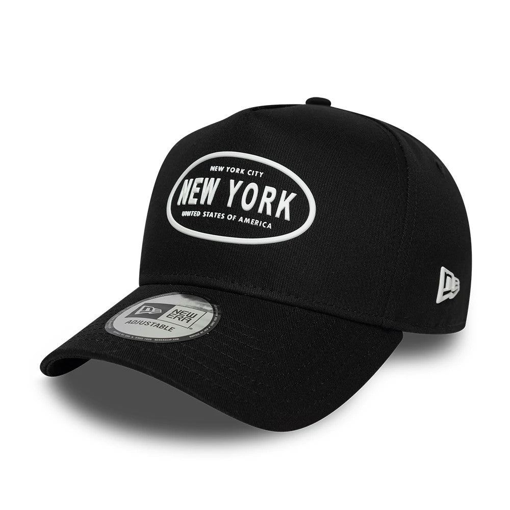 New Era Rubber Logo Black New Era 9FORTY E-Frame Adjustable Cap, three-quarter view showing the prominent white embossed New York City oval logo on the front panel, curved black visor with a 9FORTY size sticker.