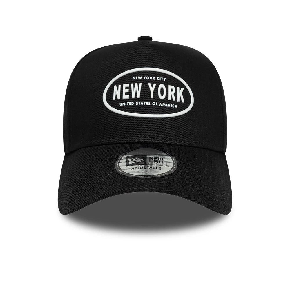 New Era Rubber Logo Black New Era 9FORTY E-Frame Adjustable Cap, front view showing a prominent black and white New York logo on the front panel, with a curved black visor and 9FORTY size sticker on the centre.