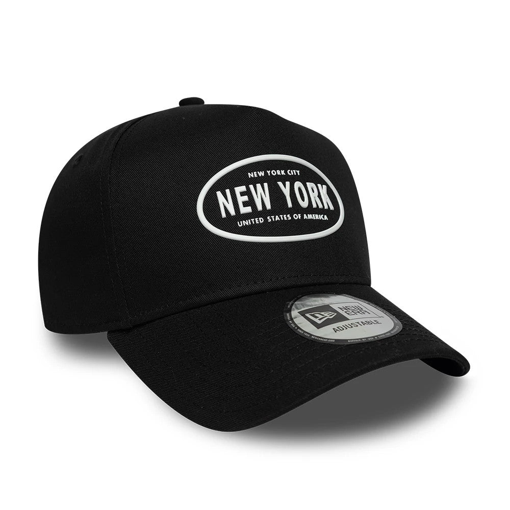 Pictured is this New Era Rubber Logo 9FORTY E-Frame cap in black. 3