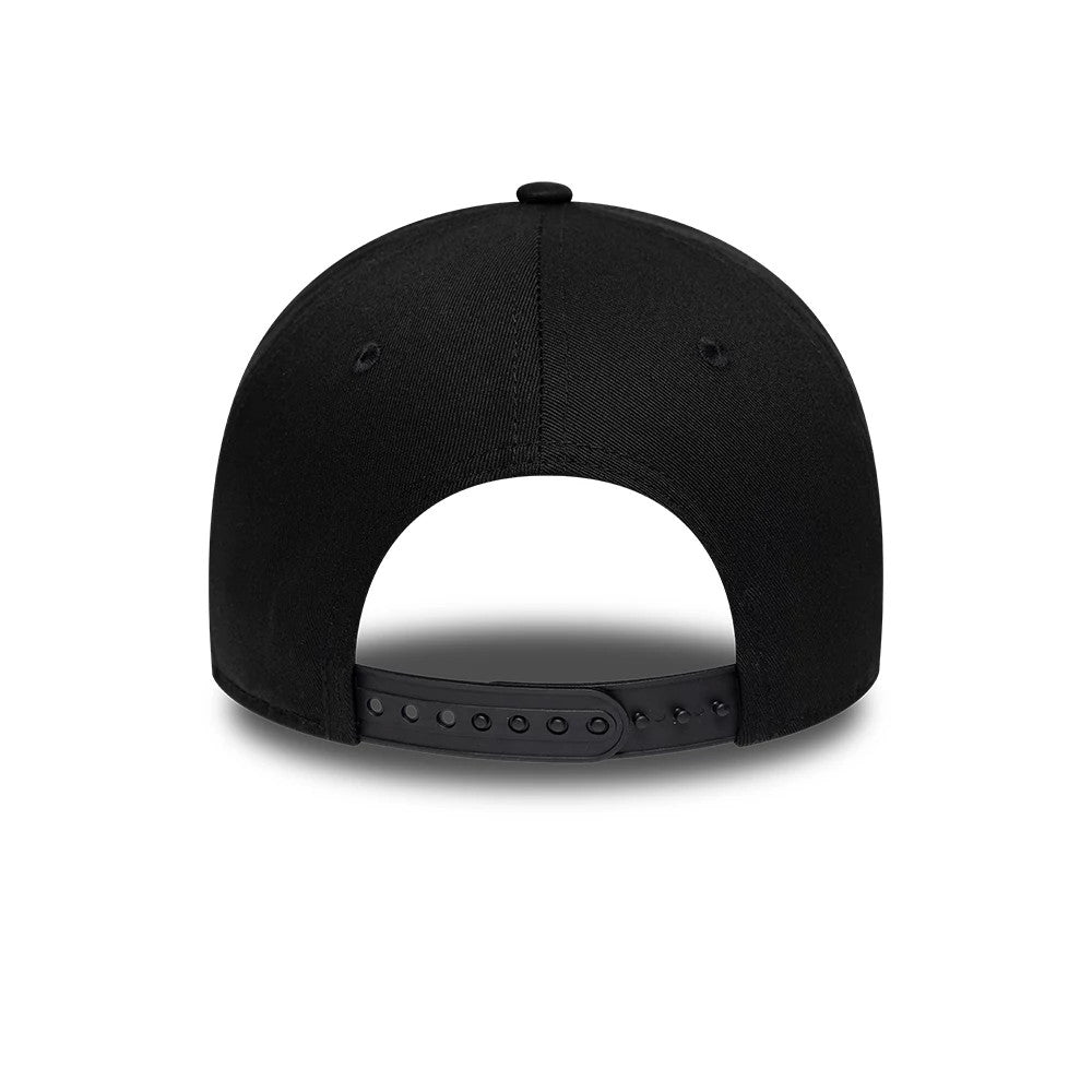 New Era Rubber Logo Black 9FORTY E-Frame Adjustable Cap, rear view showing the black adjustable strap with multiple snap positions, matching embroidered eyelets on the structured black crown, and a top button completing the design.