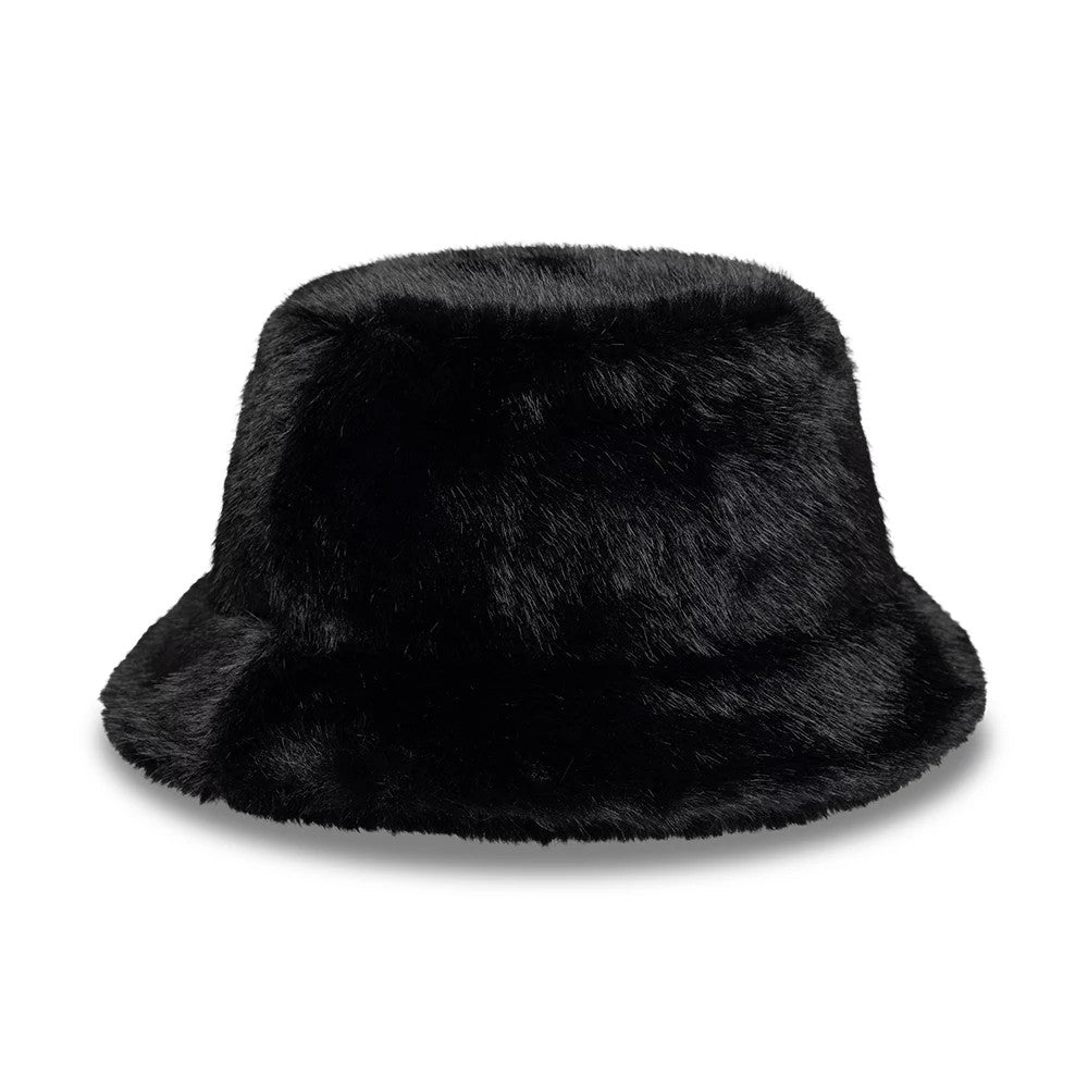 New Era Faux Fur Black Bucket Hat, front view showing a plush faux fur texture with a rounded crown and gently sloping visor, offering a luxurious finish and sheen that enhances the overall chic and appearance.