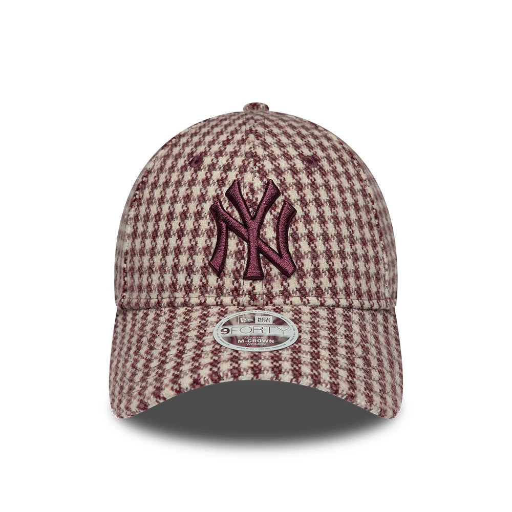 Pictured is this Womens MLB Houndstooth New York Yankees 9FORTY M-Crown cap in dark red. 2