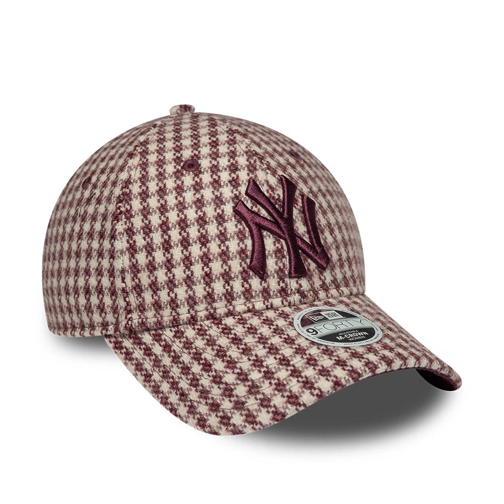 Pictured is this Womens MLB Houndstooth New York Yankees 9FORTY M-Crown cap in dark red. 3