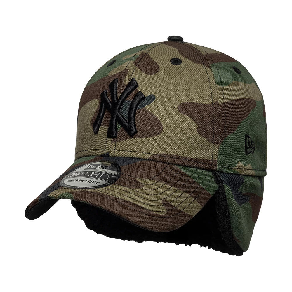 Pictured is this MLB Camo New York Yankees 39THIRTY Downflap Stretch Fit cap in black. 2