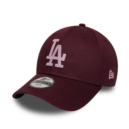 LA Dodgers Youth MLB Metallic Dark Purple New Era 9FORTY Adjustable Cap, front view showing the raised dark purple embroidered LA logo on the structured crown, with a slightly curved visor and 9FORTY size sticker on the front panel.