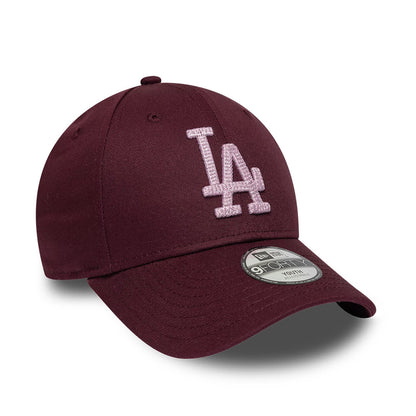 LA Dodgers Youth MLB Metallic Dark Purple New Era 9FORTY Adjustable Cap, front view showing the raised pink LA logo embroidered on the dark purple front panel, with a 9FORTY size sticker on the purple curved visor.