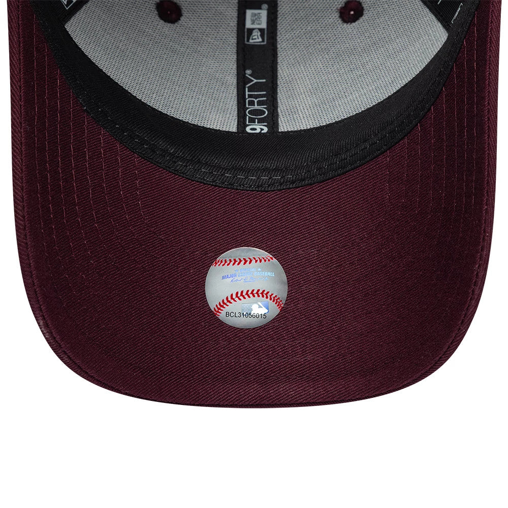 LA Dodgers Youth MLB Metallic Dark Purple New Era 9FORTY Adjustable Cap, inside view showing the grey sweatband, black New Era taping with '9FORTY' branding, and a silver baseball sticker on the dark purple undervisor.