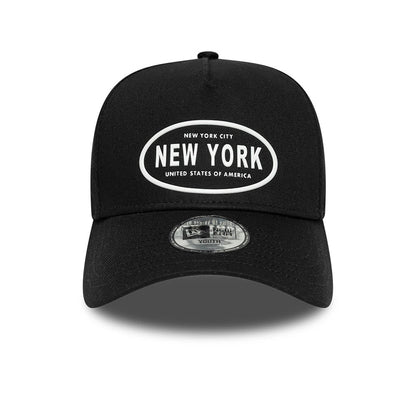 Pictured is this Youth New Era Rubber 9FORTY E-Frame cap in black. 2