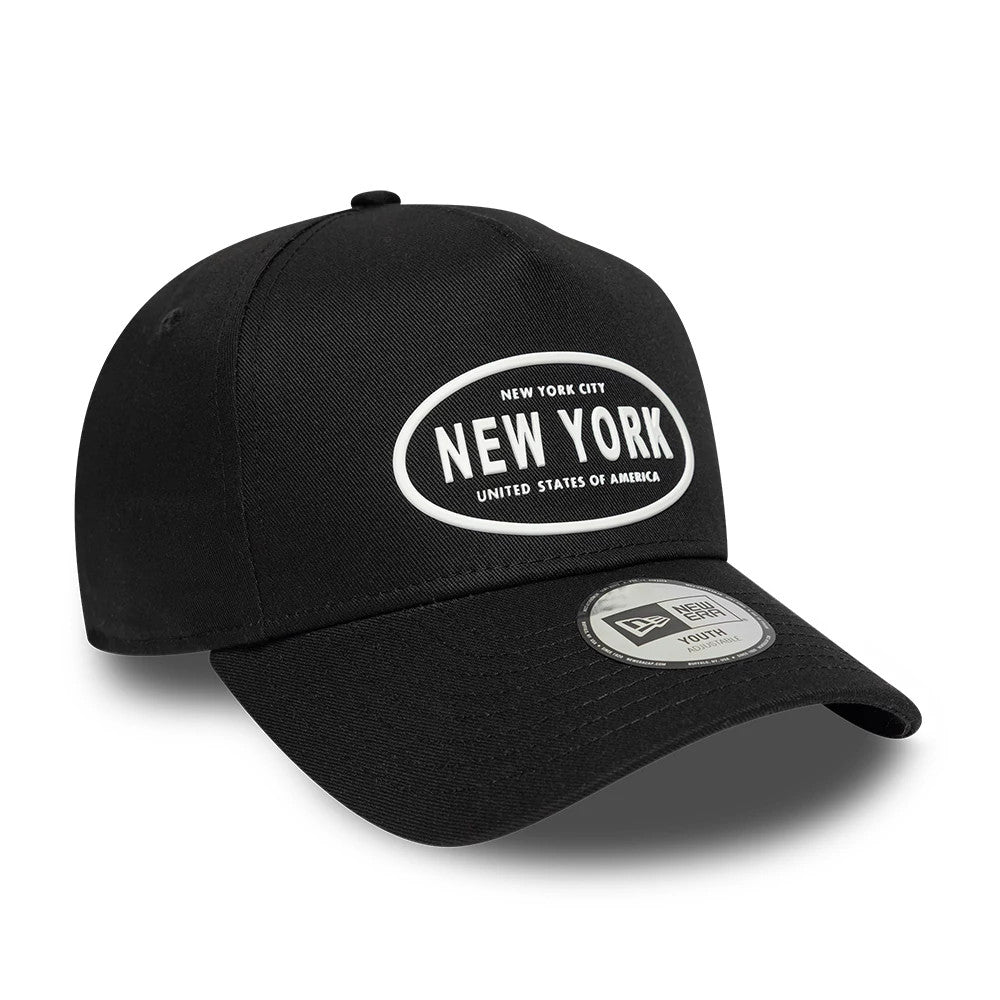 Pictured is this Youth New Era Rubber 9FORTY E-Frame cap in black. 3