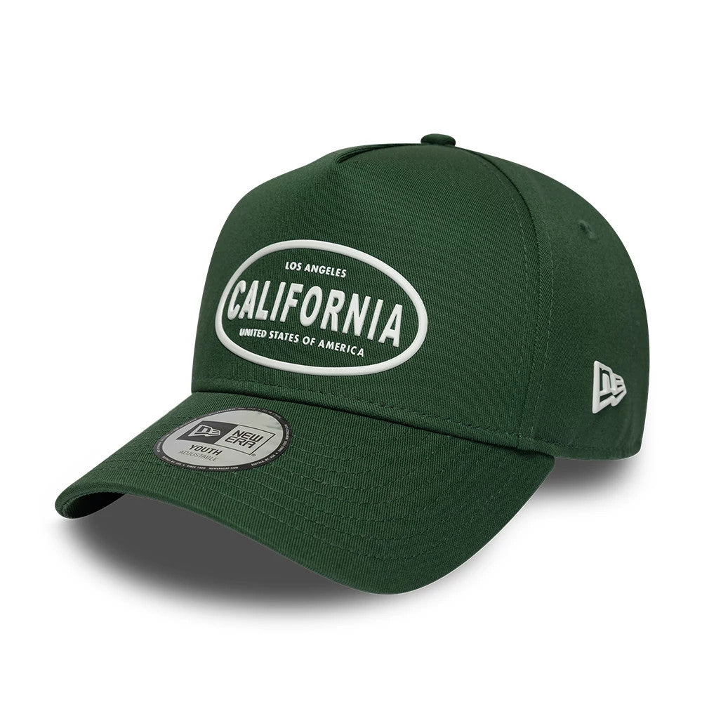 Pictured is this Youth New Era Rubber 9FORTY E-Frame cap in dark green. 1