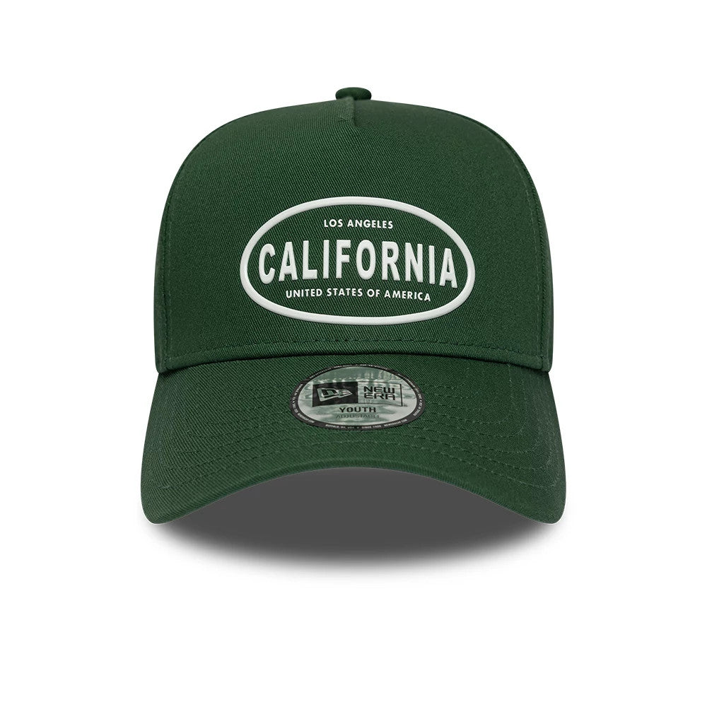 Pictured is this Youth New Era Rubber 9FORTY E-Frame cap in dark green. 2