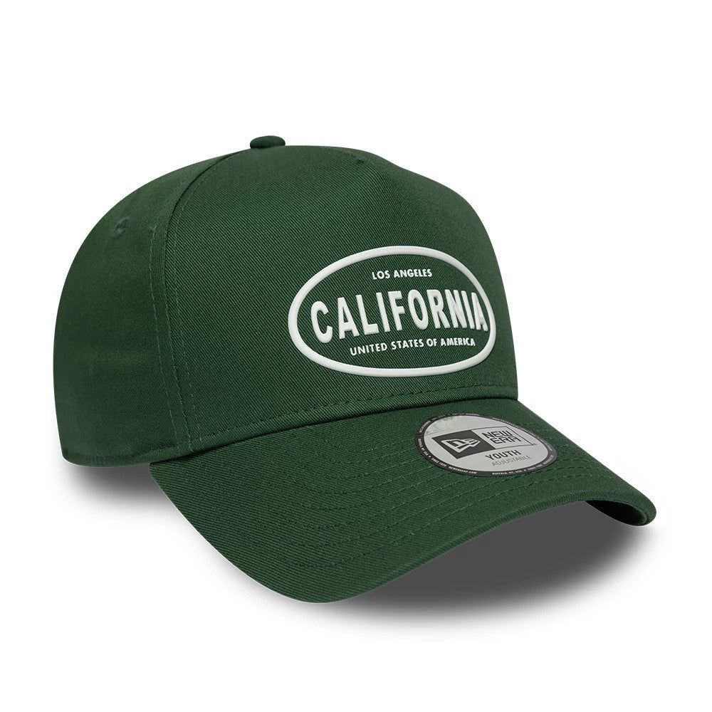 Youth New Era Rubber Dark Green 9FORTY E-Frame Adjustable Cap, three-quarter view showing raised white California text in an oval on the front panel, with a curved visor and a 9FORTY size sticker on the dark green cap.