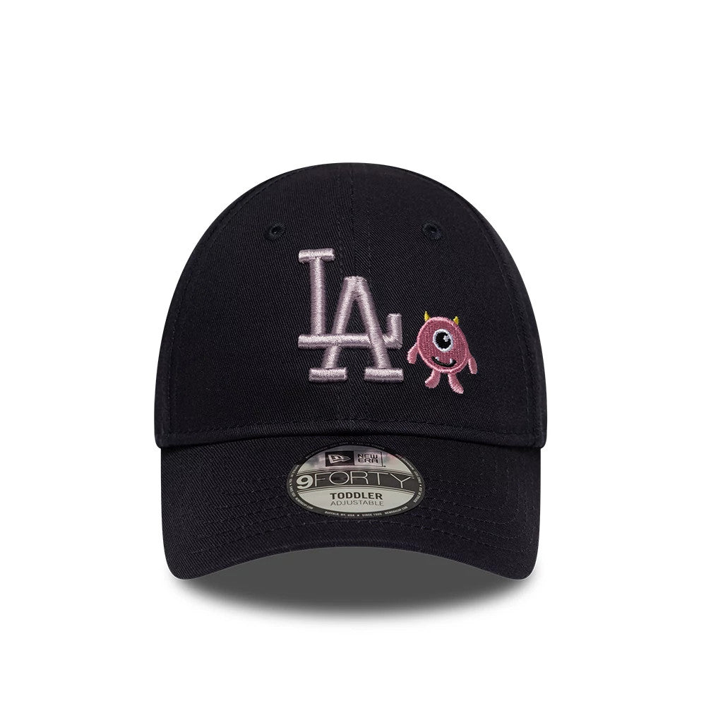 LA Dodgers Toddler MLB Monster Icon Navy New Era 9FORTY Adjustable Cap, front view showing the raised LA logo and a pink embroidered monster on the front panel, with a curved visor and a 9FORTY size sticker.