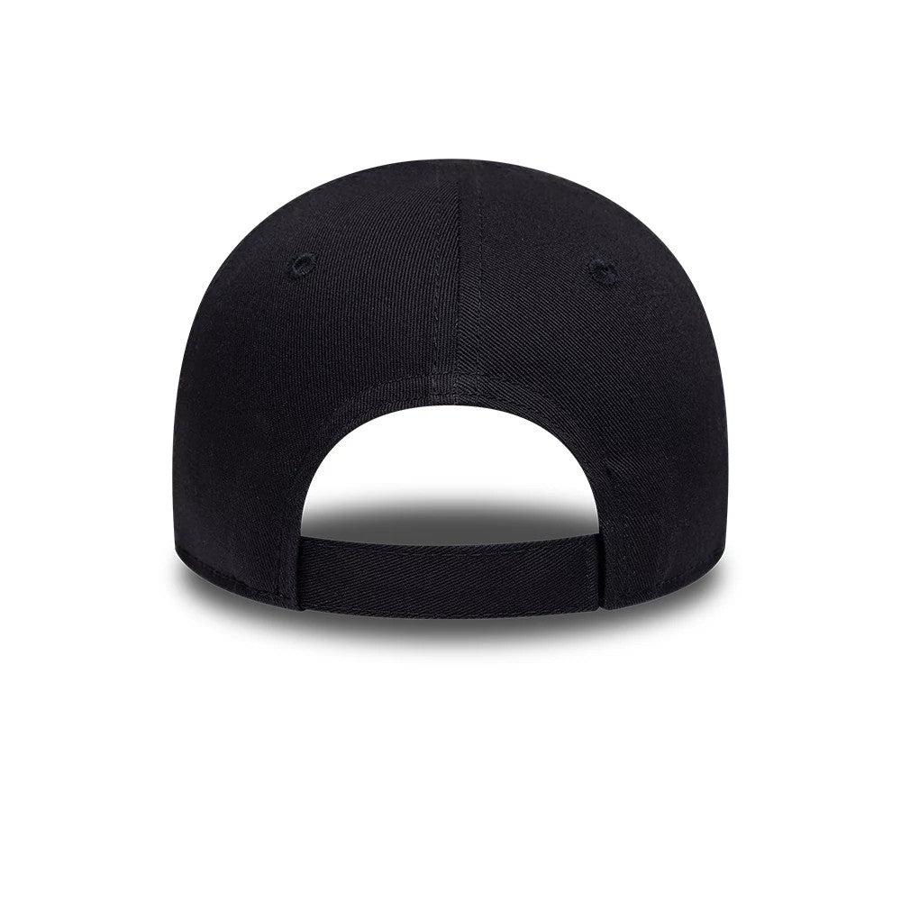 LA Dodgers Toddler MLB Monster Icon Navy New Era 9FORTY Adjustable Cap, rear view showing the adjustable strap in a matching navy colour, with a structured crown and black embroidered eyelets on the back panels.