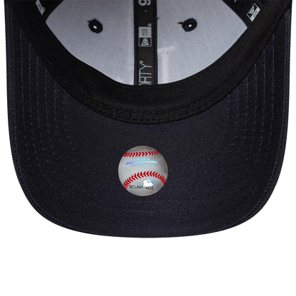 LA Dodgers Toddler MLB Monster Icon Navy New Era 9FORTY Adjustable Cap, inside view showing the grey undervisor with a baseball graphic sticker, contrasting black sweatband, and official New Era taping on the navy curved visor.