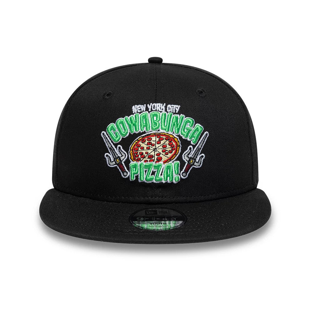 Youth Teenage Mutant Ninja Turtles Black New Era 9FIFTY Snapback Adjustable Cap, front view showing the embroidered Cowabunga Pizza graphic with crossed sai weapons and pizza slice on the structured black crown.