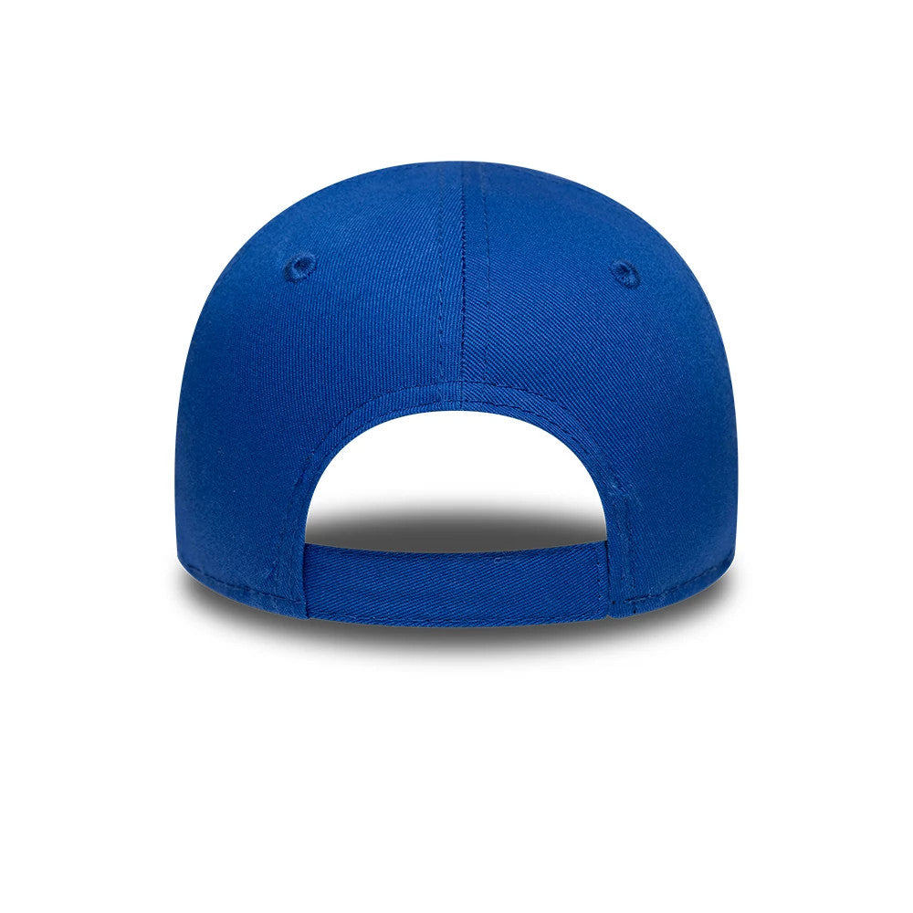 Toddler New Era Monster Icon Blue 9FORTY Adjustable Cap, rear view showing the plain blue structured crown with no back logo, highlighted by ventilating eyelets, a top button and an adjustable strap closure at the back.