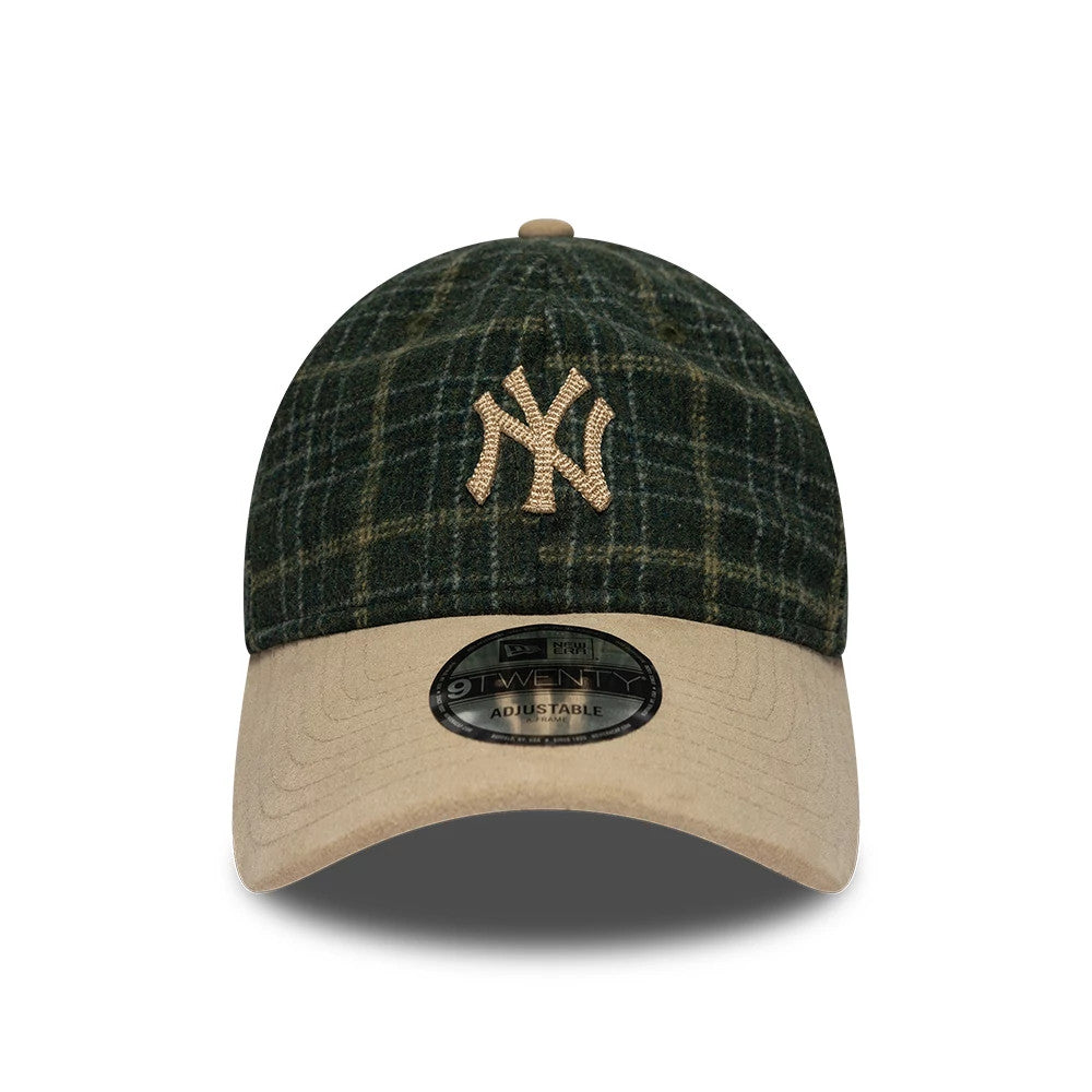 Yankees MLB Plaid Dark Green & Light Beige New Era 9TWENTY Adjustable Cap, front view showing a raised beige embroidered NY logo on the plaid dark green crown with a light beige curved visor and a 9TWENTY size sticker.