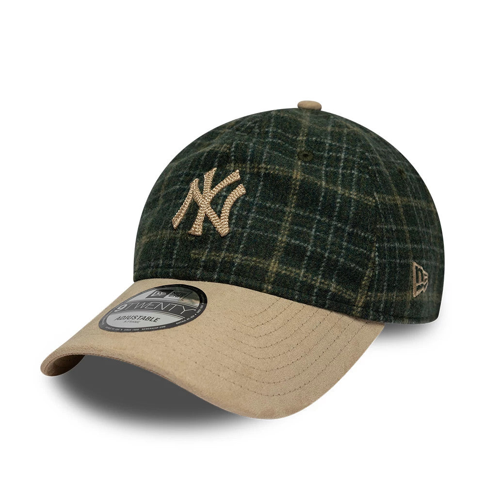 Yankees MLB Plaid Dark Green & Light Beige New Era 9TWENTY Adjustable Cap, front view showing the beige embroidered Yankees logo on the dark green checked crown, a matching beige curved visor, and the 9TWENTY size sticker on top.