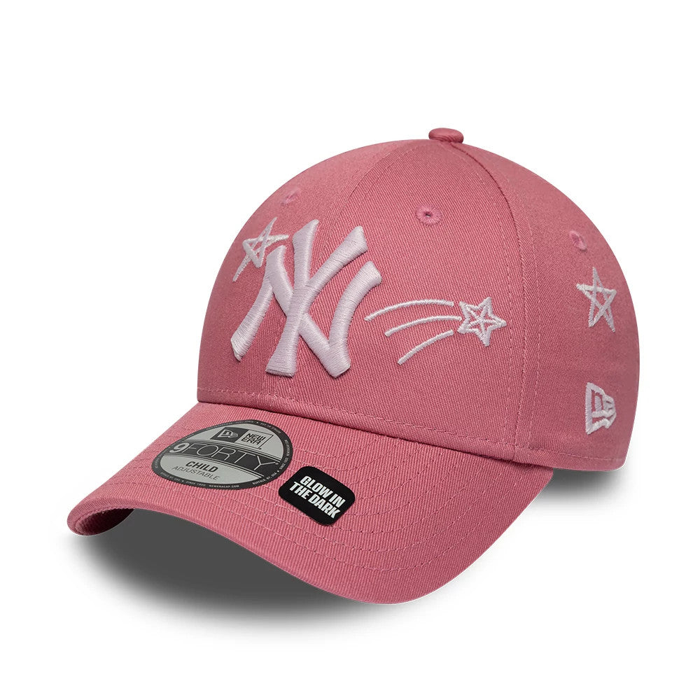 Pictured is this Child MLB Space Glow In The Dark New York Yankees 9FORTY cap in pink. 1