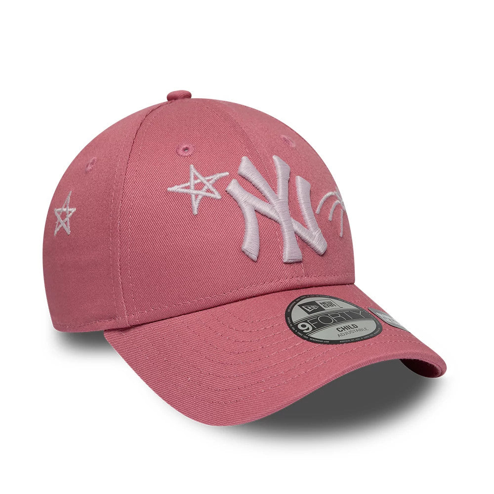 Yankees Child MLB Space Glow In The Dark Pink New Era 9FORTY Adjustable Cap, three-quarter view showing white embroidered NY logo and star graphics on the front panel, with a curved pink visor and a 9FORTY size sticker on top.