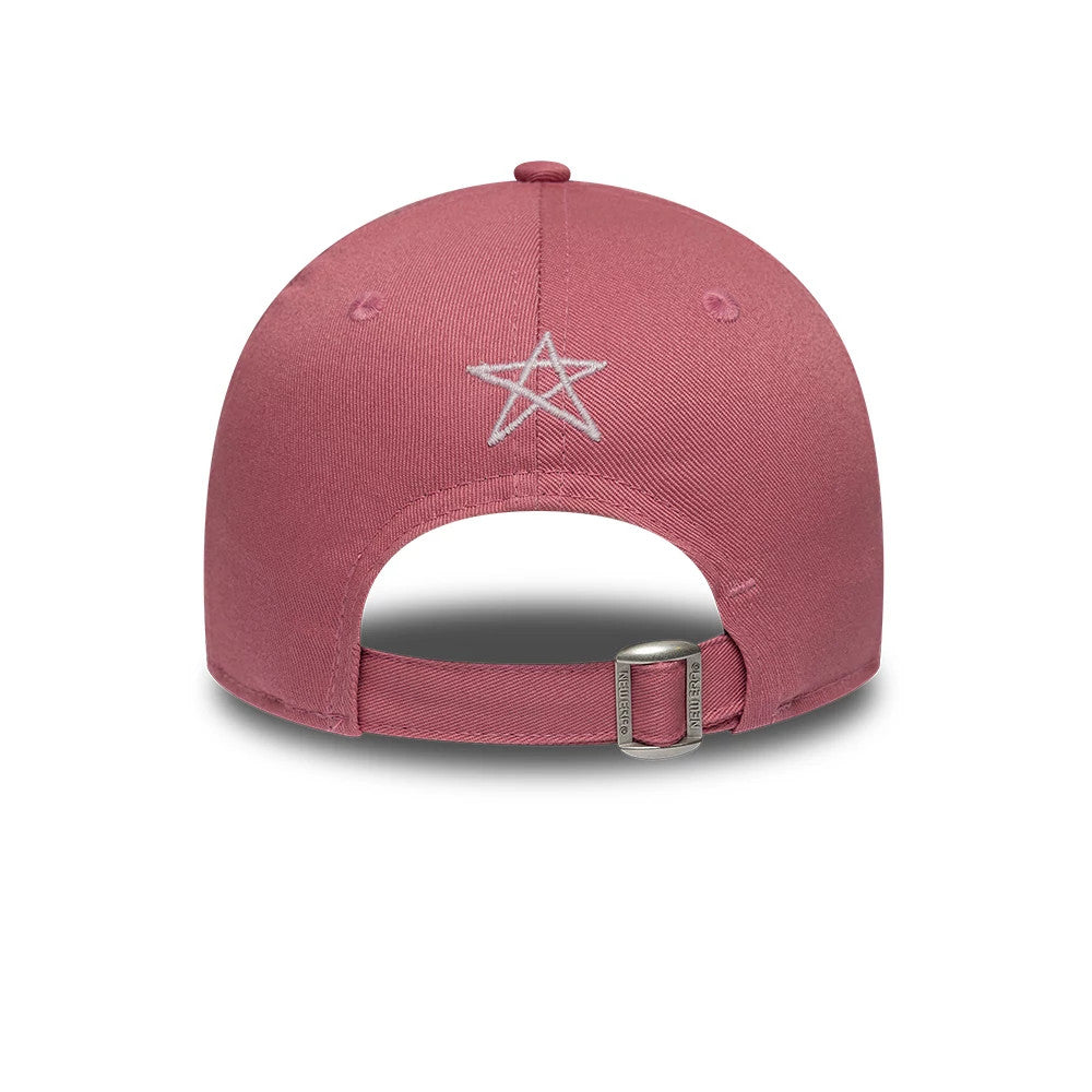 Yankees Child MLB Space Glow In The Dark Pink New Era 9FORTY Adjustable Cap, rear view showing an embroidered grey star on the centre back panels, with a buckle for size adjustment on the pink strap.