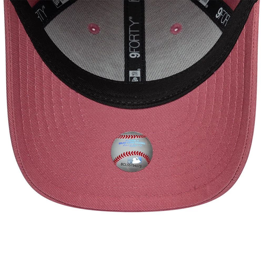 Yankees Child MLB Space Glow In The Dark Pink New Era 9FORTY Adjustable Cap, inside view showing grey taping with black 9FORTY branding, a black sweatband, and a grey undervisor, featuring a holographic baseball sticker at the centre.