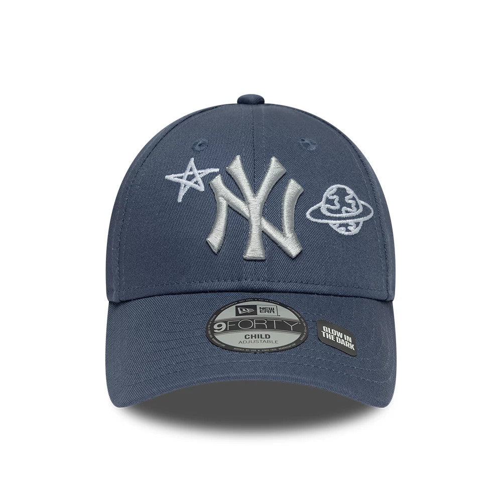 Yankees Child MLB Space Glow In The Dark Blue New Era 9FORTY Adjustable Cap, front view showing raised white embroidered NY logo with a star and planet on the front panel, and a 9FORTY size sticker on the curved blue visor.