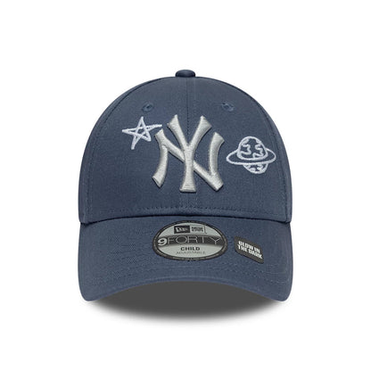Yankees Child MLB Space Glow In The Dark Blue New Era 9FORTY Adjustable Cap, front view showing raised white embroidered NY logo with a star and planet on the front panel, and a 9FORTY size sticker on the curved blue visor.