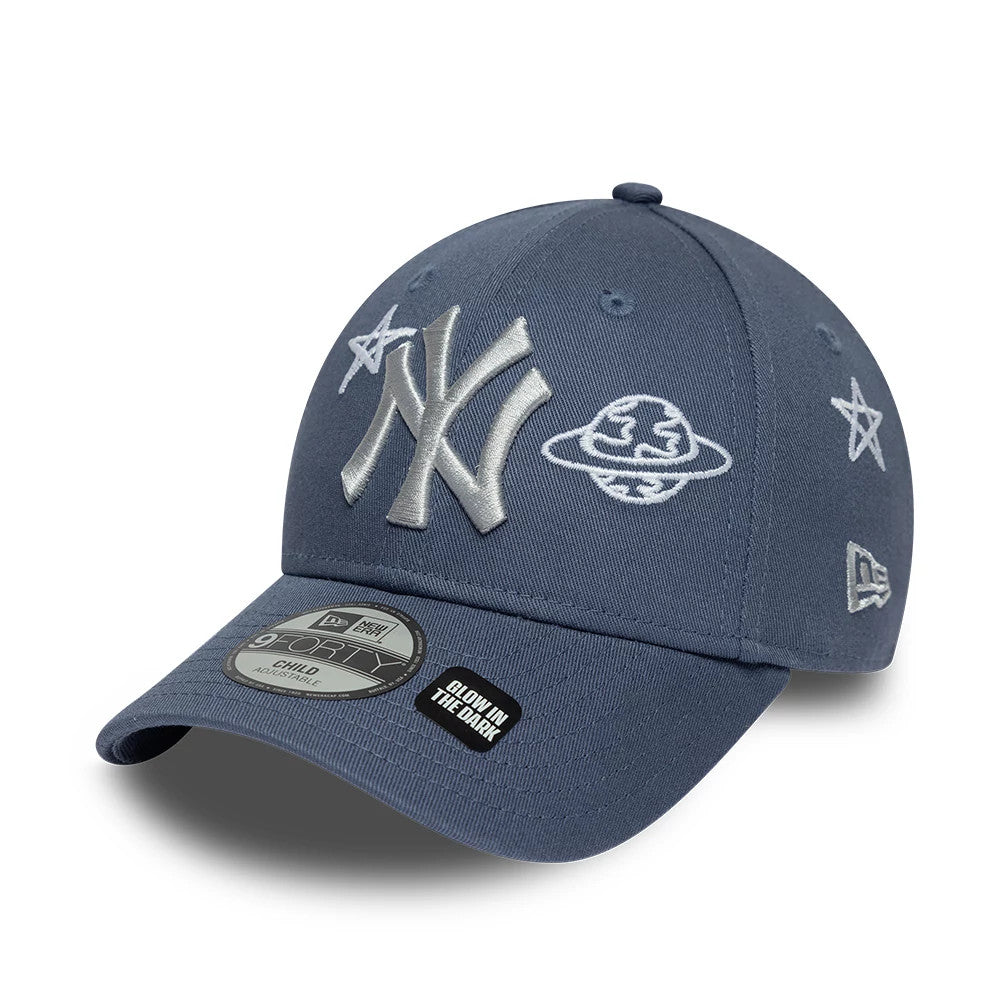 Pictured is this Child MLB Space Glow In The Dark New York Yankees 9FORTY cap in dark blue. 1