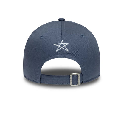 Yankees Child MLB Space Glow In The Dark Blue New Era 9FORTY Adjustable Cap, rear view showing a white embroidered star logo centred on the back panels, with a curved blue visor and a silver adjustable fabric strap at the base.