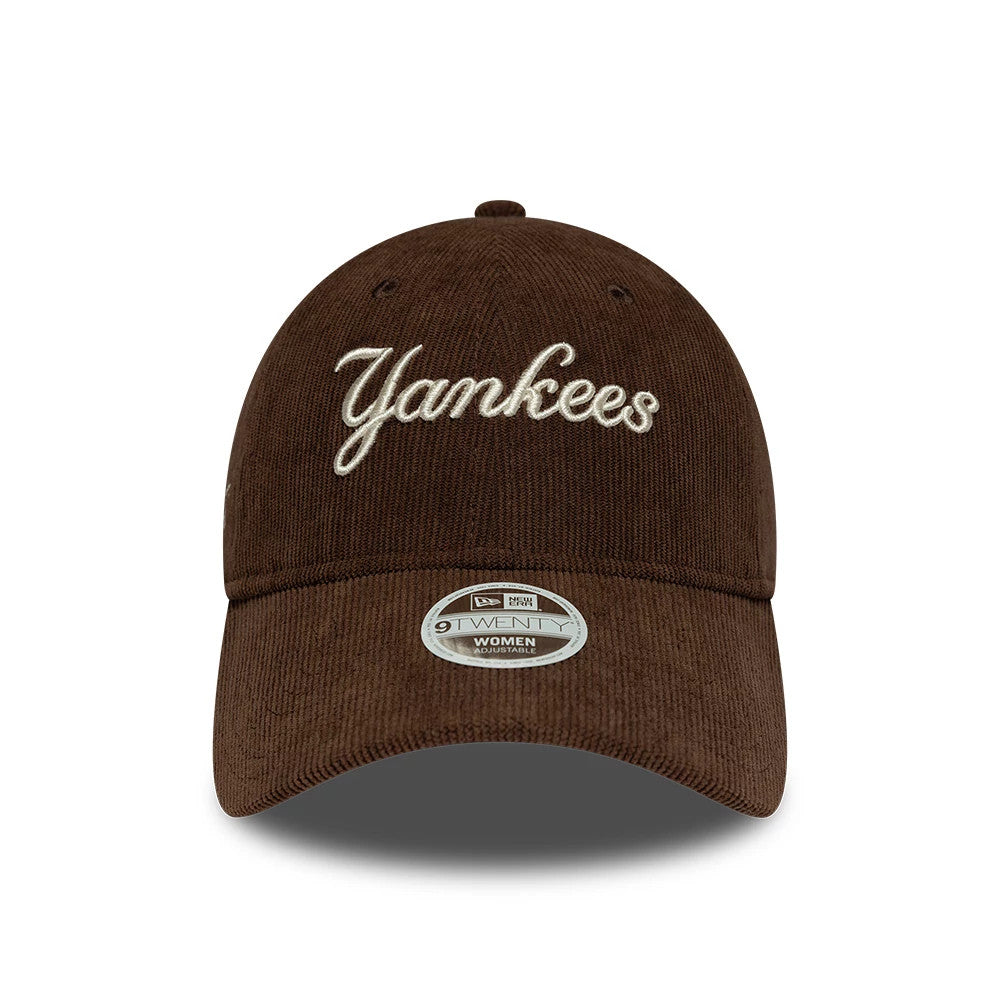 New York Yankees Womens MLB Script Cord Brown New Era 9TWENTY Adjustable Cap, front view showing the cream Yankees script in raised embroidery on the brown corduroy crown, with a curved visor and 9TWENTY size sticker centred on the visor.
