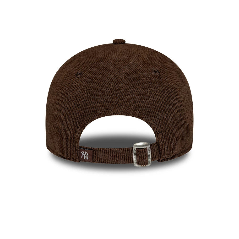 New York Yankees Womens MLB Script Cord Brown New Era 9TWENTY Adjustable Cap, rear view showing the small white Yankees logo embroidered on the brown strap, an adjustable clasp and a lightly textured brown corduroy fabric on the crown.