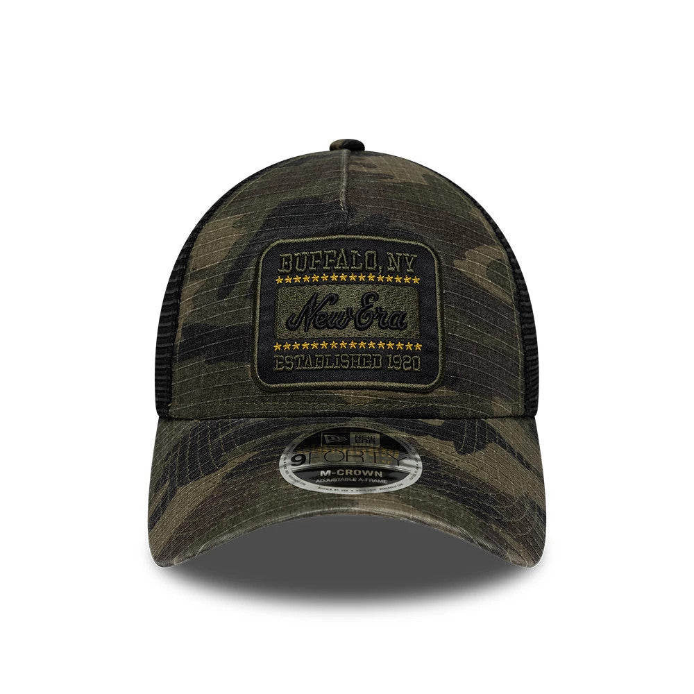 Pictured is this New Era Camo 9FORTY M-Crown A-Frame Trucker cap in dark green. 2