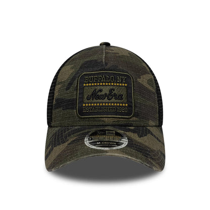 Pictured is this New Era Camo 9FORTY M-Crown A-Frame Trucker cap in dark green. 2