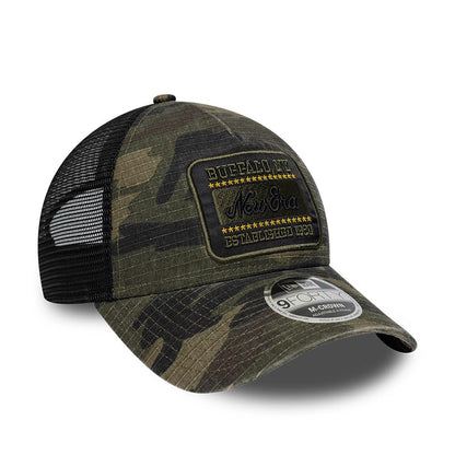Pictured is this New Era Camo 9FORTY M-Crown A-Frame Trucker cap in dark green. 3
