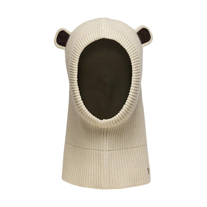 Child New Era Bear Light Beige Balaclava Hat, front view showing a knitted texture with bear ears on the top sides, an open face design, and ribbed around the edges in light beige.