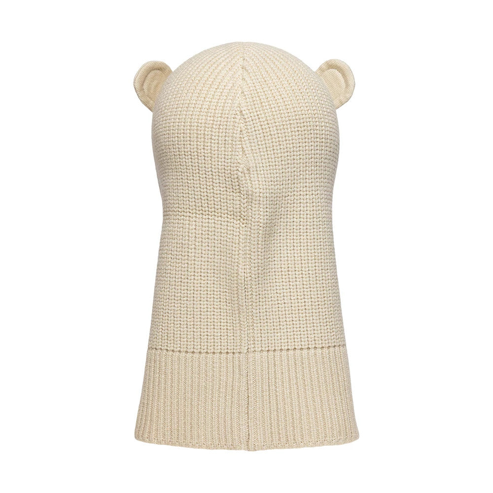 Child New Era Bear Light Beige Balaclava Hat, rear view showing a textured knit fabric with a seamless rounded shape, small rounded bear ears on top, and a ribbed hem, all in a soft light beige hue for a playful appearance.