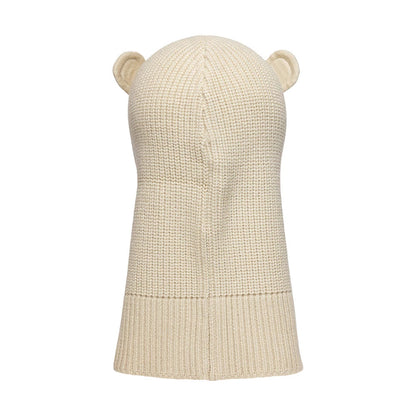 Child New Era Bear Light Beige Balaclava Hat, rear view showing a textured knit fabric with a seamless rounded shape, small rounded bear ears on top, and a ribbed hem, all in a soft light beige hue for a playful appearance.