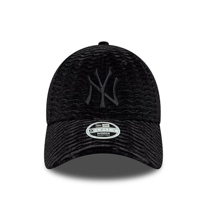 New York Yankees Womens MLB Velour Black New Era 9FORTY Adjustable Cap, front view showing the raised black NY logo in thick stitching on the structured velour panels, with a 9FORTY size sticker placed on the slightly curved black visor.