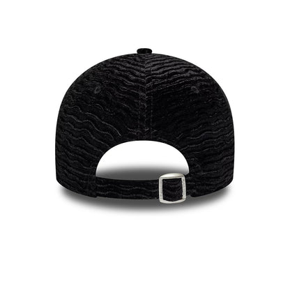 New York Yankees Womens MLB Velour Black New Era 9FORTY Adjustable Cap, rear view showing the textured black velour fabric across the structured panels, open back with an adjustable strap, and no back logo on the crown.