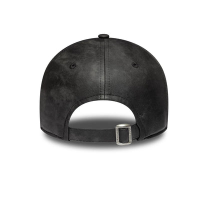 New York Yankees Womens MLB Washed PU Black New Era 9TWENTY Adjustable Cap, rear view showing a washed black finish on the crown, an open back with an adjustable strap featuring a buckle, and eyelets for ventilation.