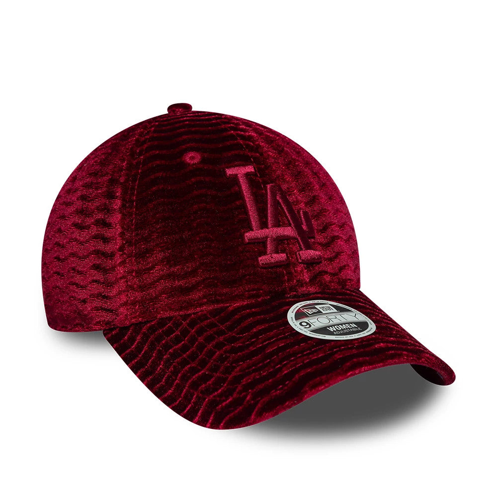 LA Dodgers Womens MLB Velour Dark Red New Era 9FORTY Adjustable Cap, three-quarter view showing the raised embroidered LA logo on the front panel, a textured velour fabric, and a 9FORTY size sticker on the structured dark red curved visor.