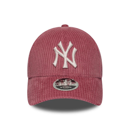 New York Yankees Youth MLB Cord Dark Red New Era 9FORTY M-Crown Adjustable Cap, front view showing the white raised embroidered NY logo on the cord-textured dark red front panel, with a 9FORTY size sticker on the matching curved visor.